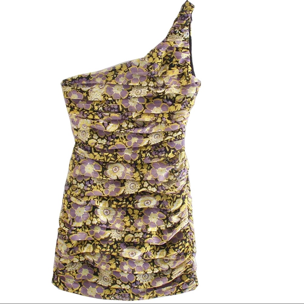 Zara Floral Metallic Ruched One Shoulder Mini Dress Size XS - Picture 8 of 13